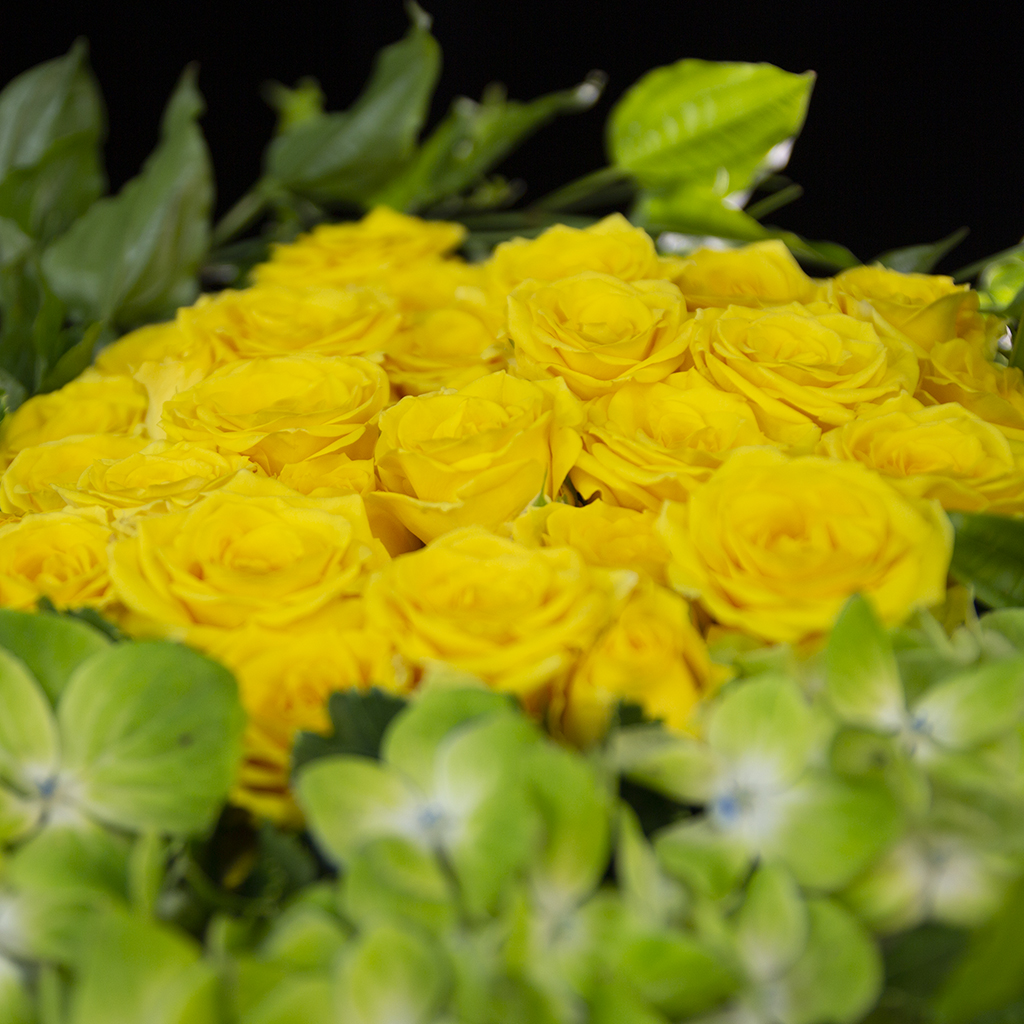 コンパクトに構成されたイエローのスプレーバラとグリーンの、清潔感溢れる造形