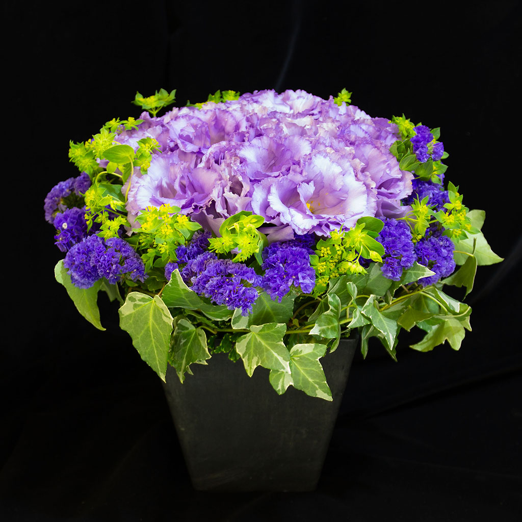 トルコキキョウとスターチスの紫が美しく重なる、気品あふれるアレンジメント バイオレットサファイヤ